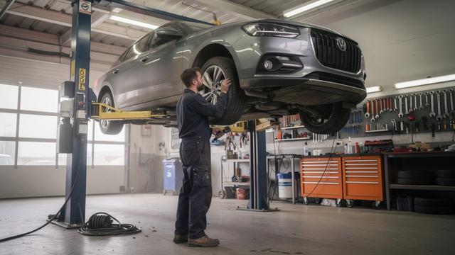 Car raised on a lift at a network workshop during a scheduled service